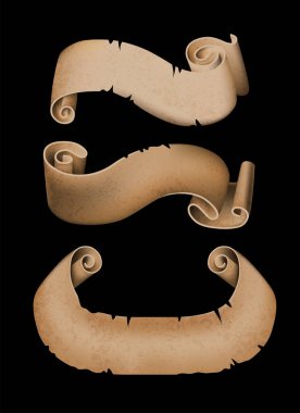 Siyah arka planda üç eski pejmürde kağıt tomarı. Gerçekçi çizim.