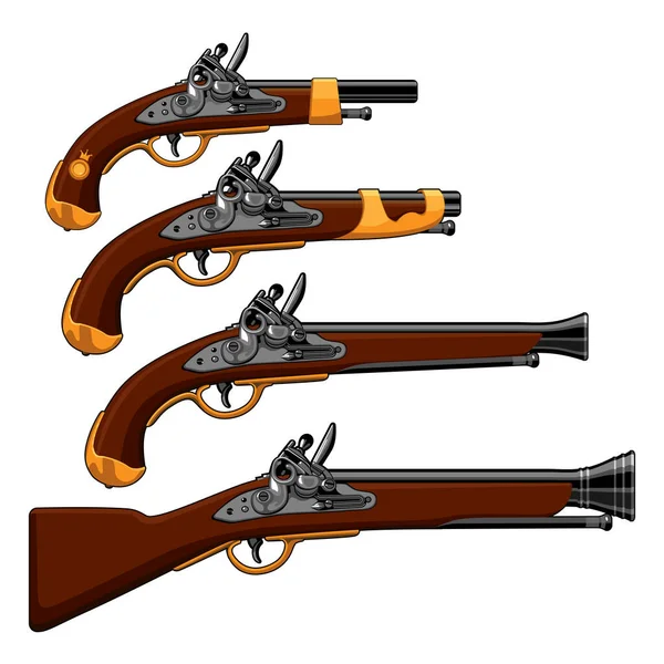 Conjunto Cuatro Pistolas Vintage Diferentes Ilustración Altamente Realista — Vector de stock