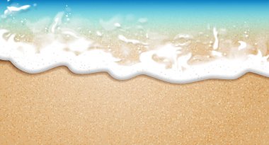 Yaz dönemi. Sarı kumlu sahilde şeffaf deniz dalgaları. 3 boyutlu vektör. Yüksek detaylı gerçekçi illüstrasyon.