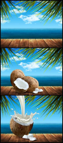 Soubor Tří Krajin Mraky Palmové Listy Kokosové Ořechy Pozadí Mořské — Stockový vektor