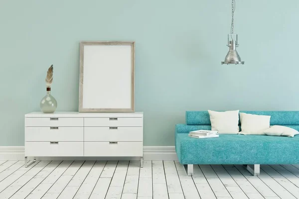 Niebieska sofa we współczesny Skandynawski design — Zdjęcie stockowe