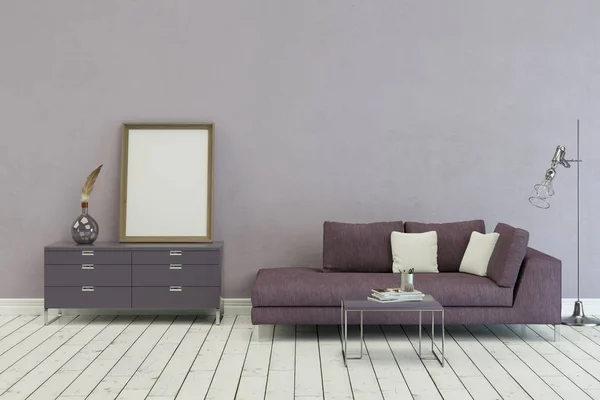 Lila sofa we współczesny Skandynawski design — Zdjęcie stockowe