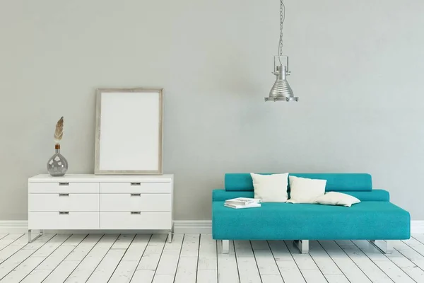 Niebieska sofa we współczesny Skandynawski design — Zdjęcie stockowe