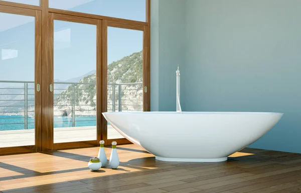 modern bathroom interior 3d rendering with ocean view thru big window
