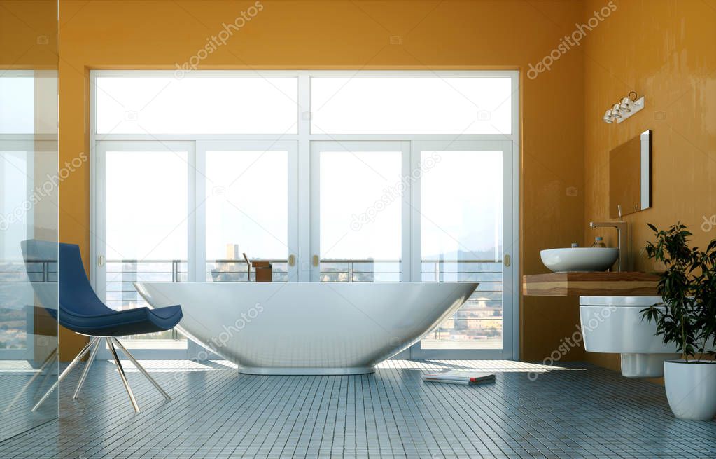 modern bathroom interior 3d rendering with ocean view