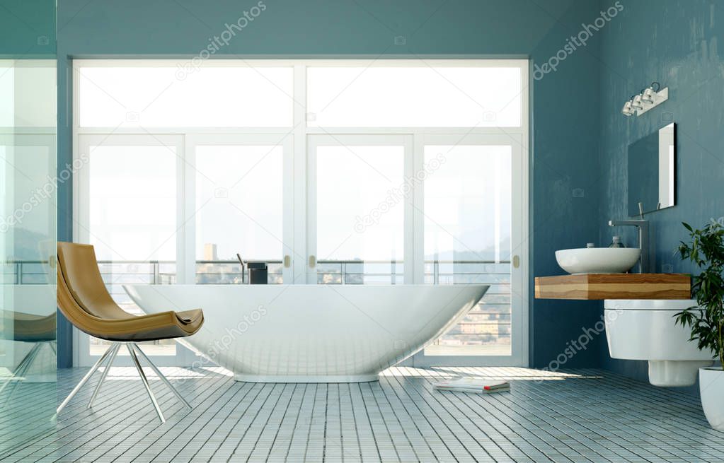 modern bathroom interior 3d rendering with ocean view