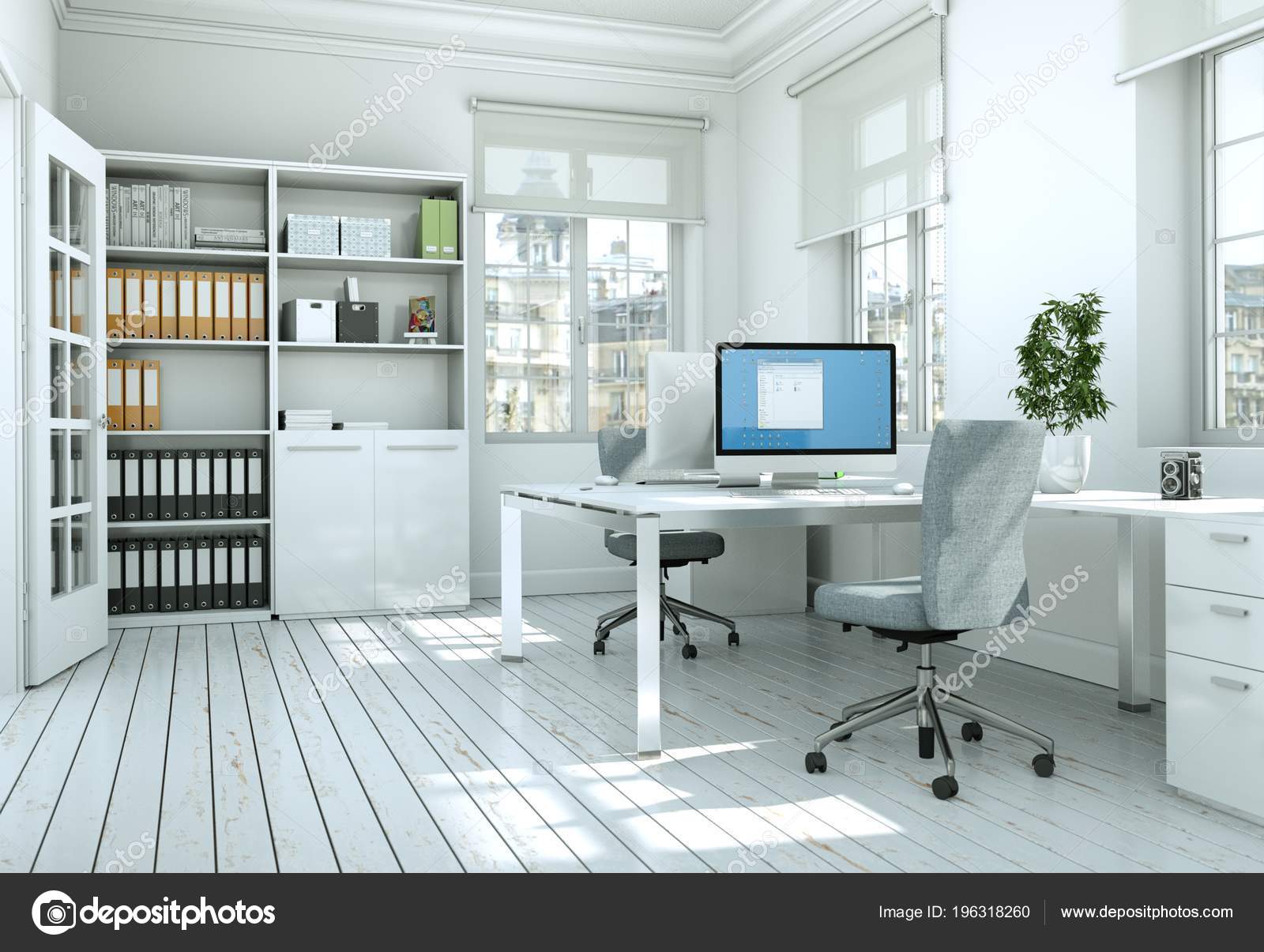 Modern white home office interior design 3d Rendering Stock Photo by