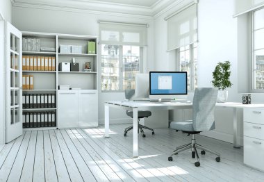 Modern beyaz ev ofis iç tasarım 3d render