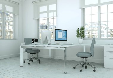 Modern beyaz ev ofis iç tasarım 3d render