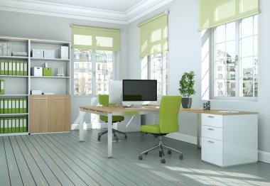 Modern yeşil ev ofis iç tasarım 3d render