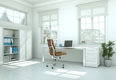 Modern beyaz ev ofis iç tasarım 3d render