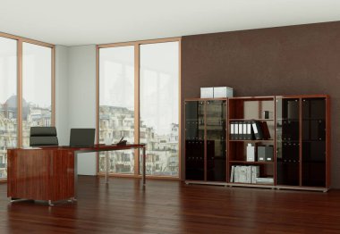 Modern kahverengi ev ofis iç tasarım 3d render