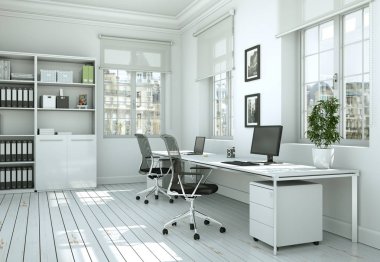 Modern beyaz ev ofis iç tasarım 3d render