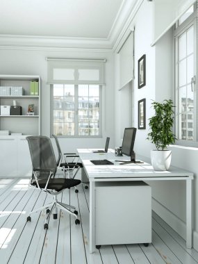 Modern beyaz ev ofis iç tasarım 3d render