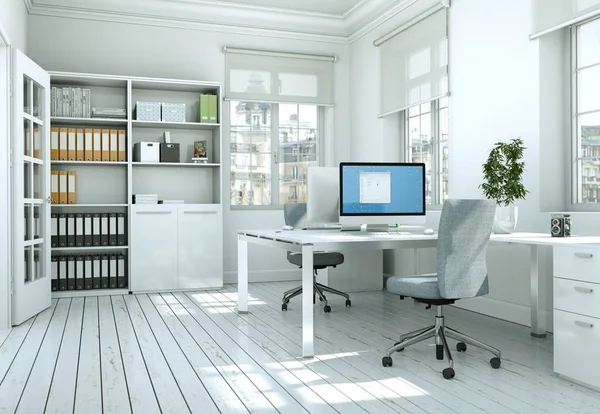 Сучасний дизайн інтер'єру білого домашнього офісу 3d Rendering — стокове фото