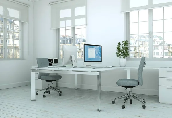 Moderno escritório em casa branco design de interiores 3D Rendering — Fotografia de Stock