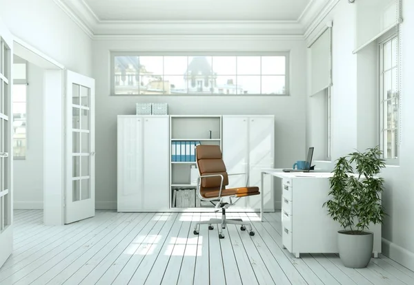 Σύγχρονη λευκό γραφείο στο σπίτι εσωτερικό σχεδιασμό 3d Rendering — Φωτογραφία Αρχείου