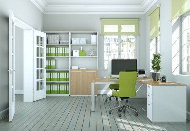 Modern yeşil ev ofis iç tasarım 3d render