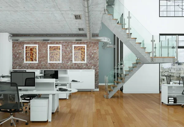 Μοντέρνο γραφείο στο σπίτι εσωτερικό σχεδιασμό 3d Rendering — Φωτογραφία Αρχείου