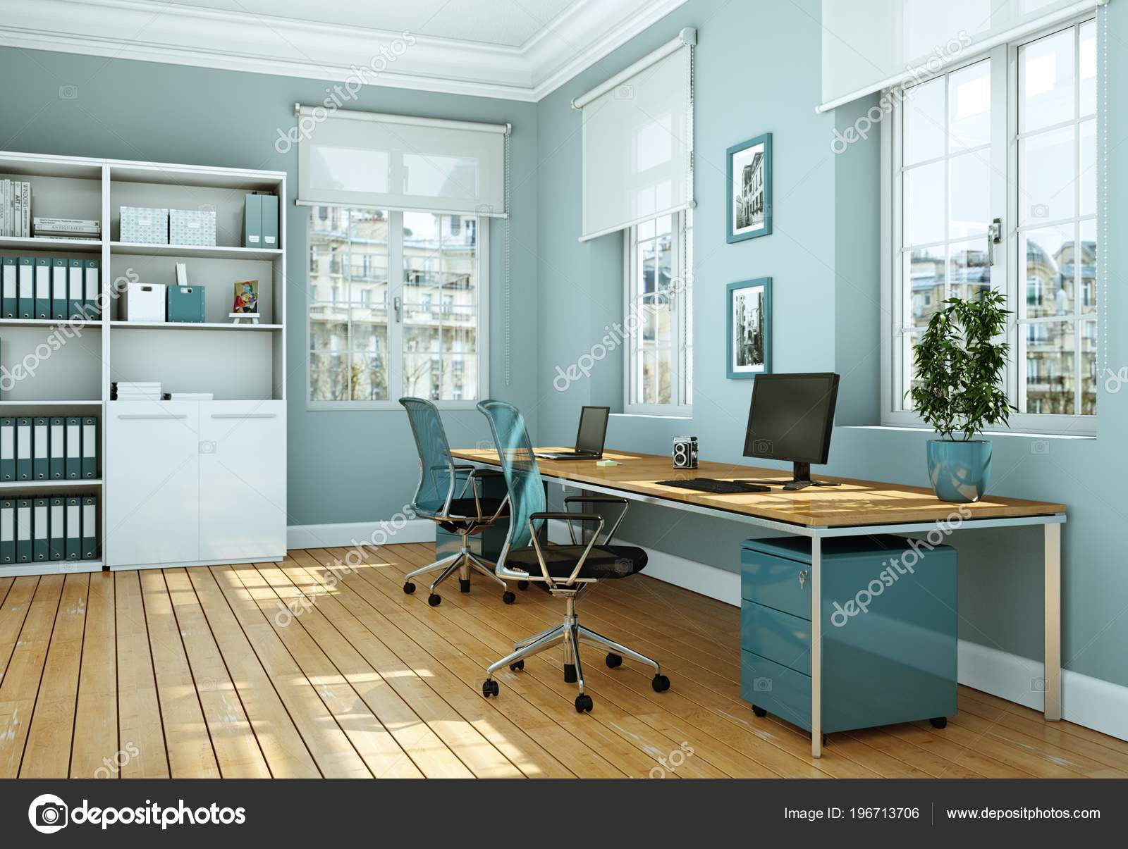 Modern White Home Office Interior Design 3d Rendering