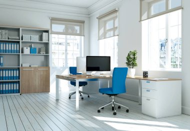 Modern beyaz ev ofis iç tasarım 3d render