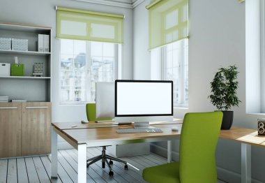 Modern beyaz ev ofis iç tasarım 3d render