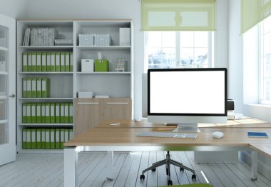 Modern beyaz ev ofis iç tasarım 3d render