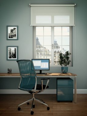 Modern beyaz ev ofis iç tasarım 3d render