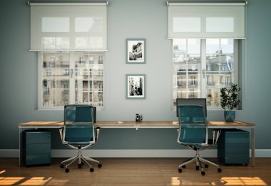 Modern beyaz ev ofis iç tasarım 3d render