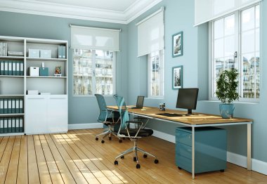 Modern beyaz ev ofis iç tasarım 3d render