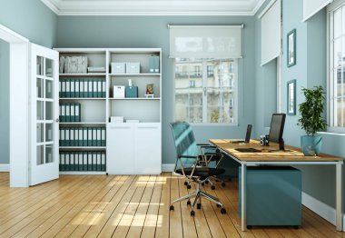 Modern beyaz ev ofis iç tasarım 3d render