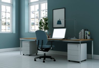 Modern mavi ev ofis iç tasarım 3d render