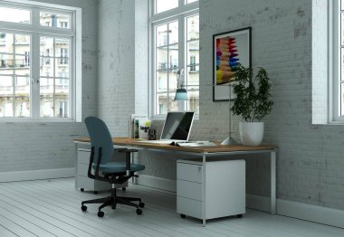 Modern beyaz ev ofis iç tasarım 3d render mockup