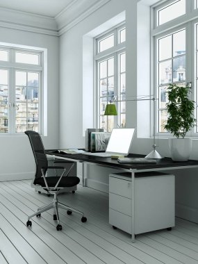 Modern beyaz ev ofis iç tasarım 3d render