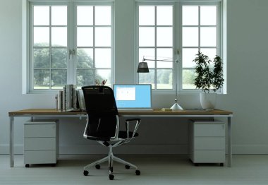 Modern beyaz ev ofis iç tasarım 3d render