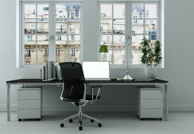 Modern beyaz ev ofis iç tasarım 3d render