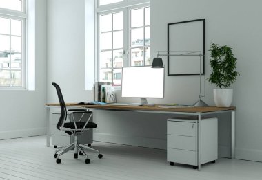 Modern beyaz ev ofis iç tasarım 3d render
