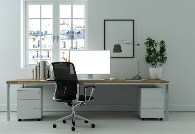 Modern beyaz ev ofis iç tasarım 3d render