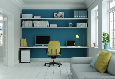 Modern ev ofis sandalye sarı ve mavi duvar iç tasarım 3d render