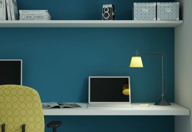 Modern ev ofis sandalye sarı ve mavi duvar iç tasarım 3d render