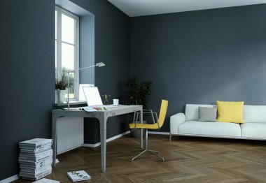 Karanlık duvar ev ofis iç tasarım 3d render mockup