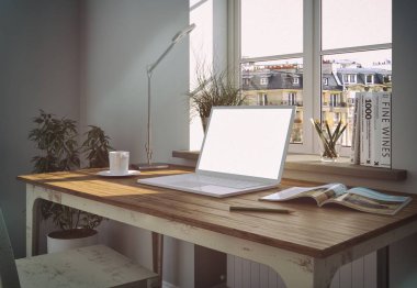 Modern beyaz ev ofis iç tasarım 3d render