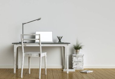 Modern beyaz ev ofis iç tasarım 3d render