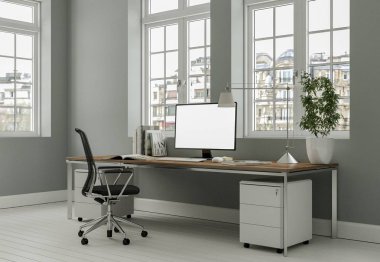 Modern beyaz ev ofis iç tasarım 3d render