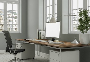 Modern beyaz ev ofis iç tasarım 3d render