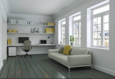 Modern beyaz sarı ev ofis kanepe iç tasarım 3d render