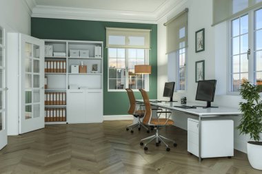 Modern beyaz ev ofis iç tasarım 3d render