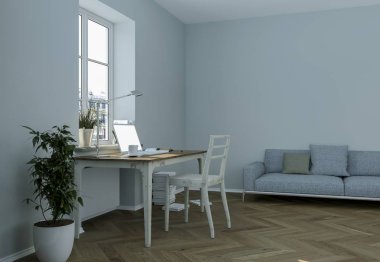 Modern beyaz ev ofis iç tasarım 3d render