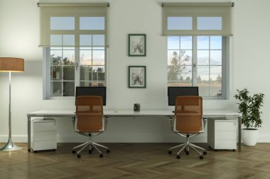 Modern beyaz ev ofis iç tasarım 3d render