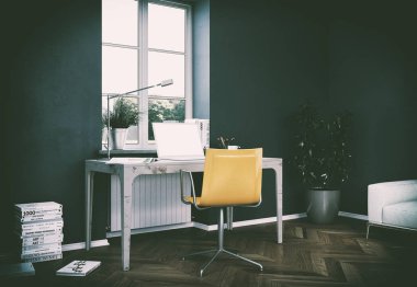 Karanlık duvar ev ofis iç tasarım 3d render